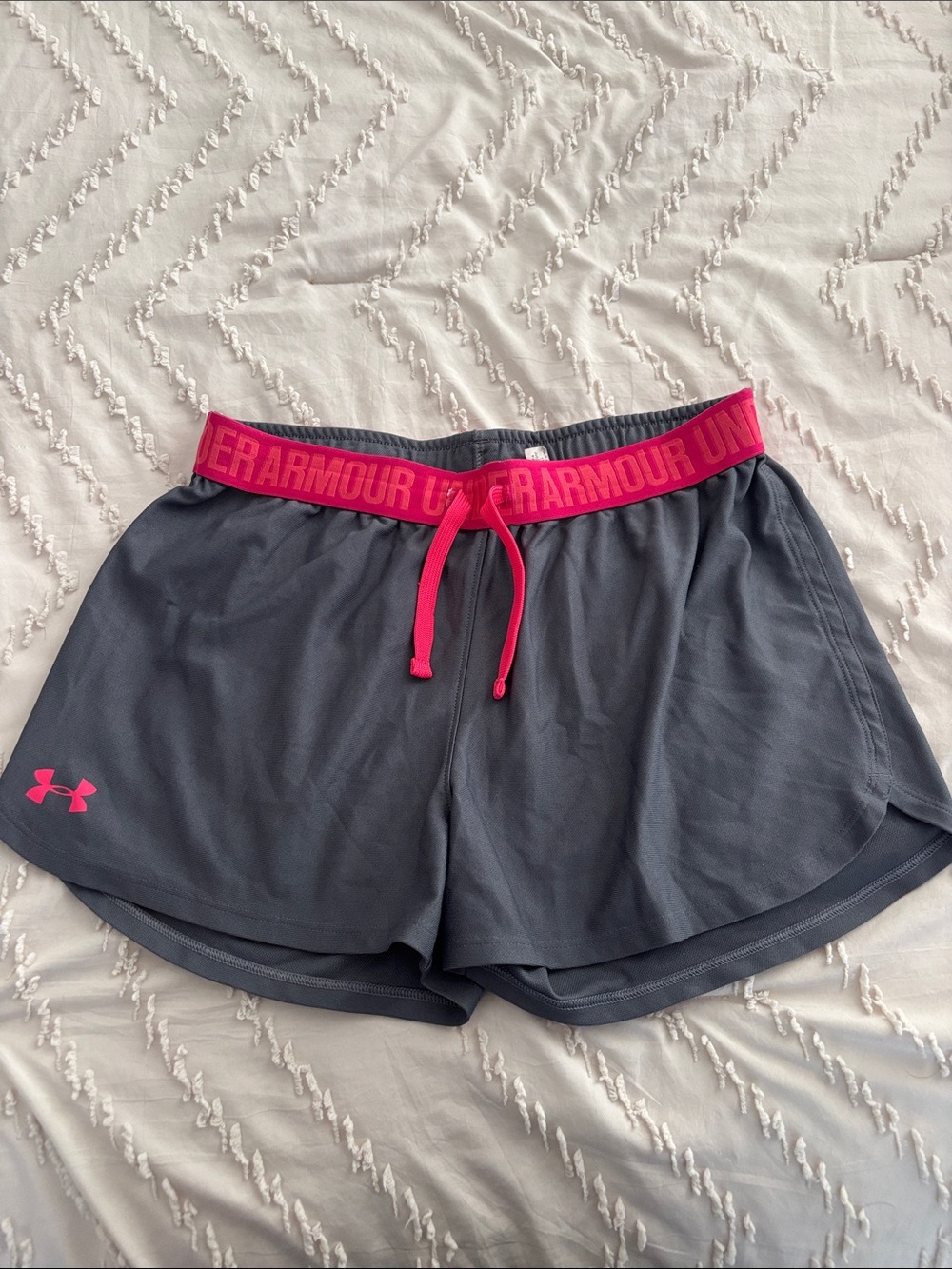 Under Armour Women's Charcoal Athletic Shorts with Pink Waistband
